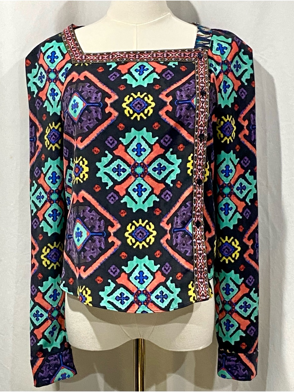 Rachel Roy Multicolor Geometric Square-Neck Long Sleeve TopTribal Inspired Print